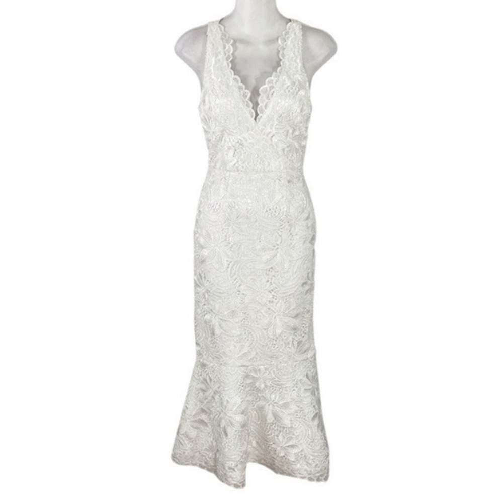 Adrianna Papell White Lace V-neck Sleeveless Flounce Hem Midi Dress 0 D14